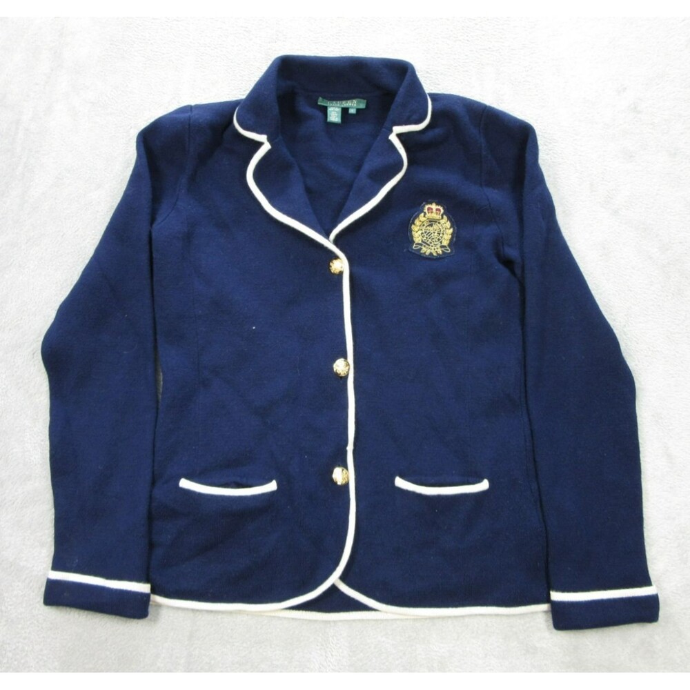 VTG Lauren Ralph Lauren Cardigan Women's Sz. Large Blue 100% Merino Wool Buttons